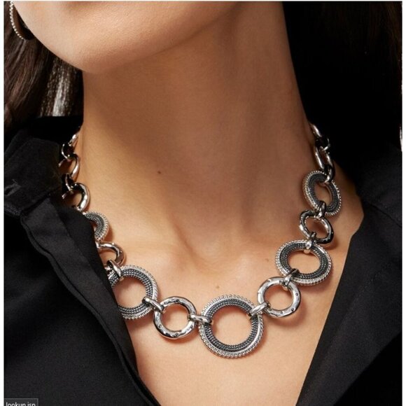 Chico's Silver Hematite Mesh Inserts Bib Necklace Geometric - Picture 2 of 8